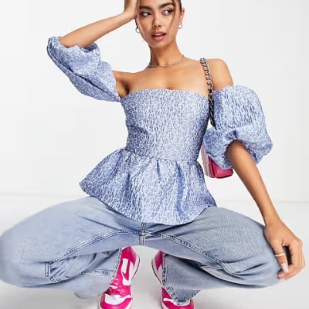 Textured floral bandeau blouse with puff sleeves